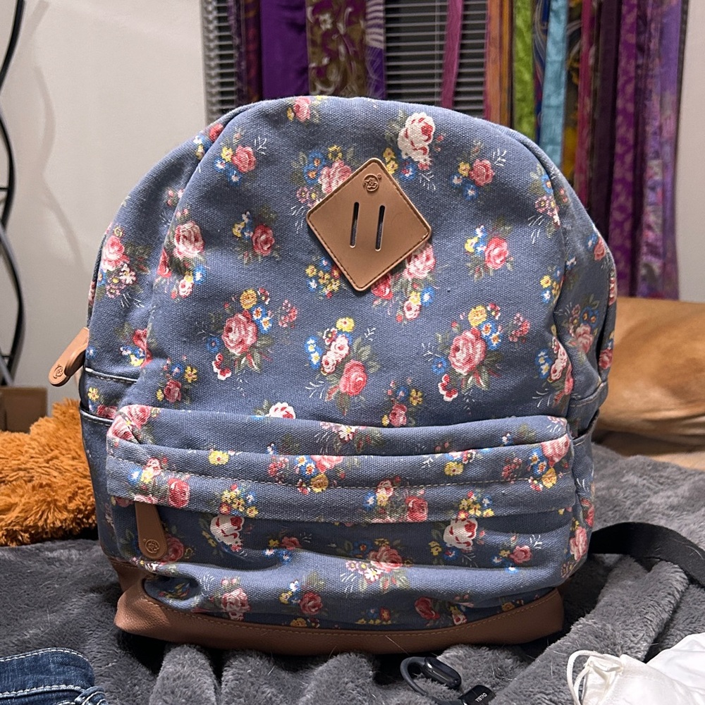 Source Unknown Floral Patterned Backpack In Blue … - image 1